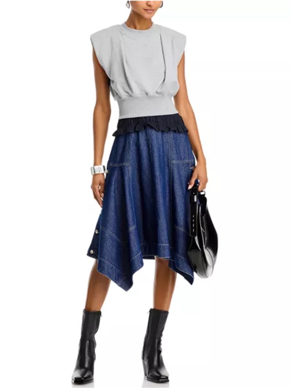 3.1 Phillip Lim French Terry & Denim Combo Midi Dress